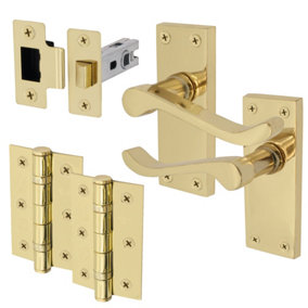 EAI - Victoria Scroll Lever on Backplate Latch Kit / Pack - 66mm Latch & 76mm Hinges - Polished Brass