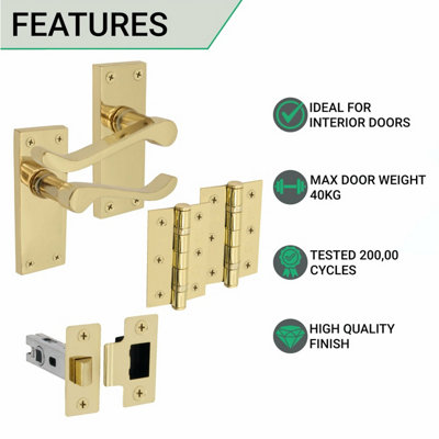EAI - Victoria Scroll Lever on Backplate Latch Kit / Pack - 66mm Latch & 76mm Hinges - Polished Brass