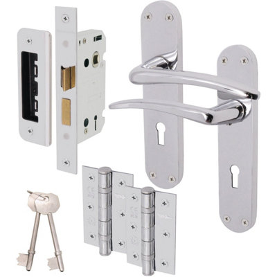 EAI - Zeno Lever on Backplate Lock Kit / Pack - 66mm Lock - 76mm Hinges - Polished Chrome