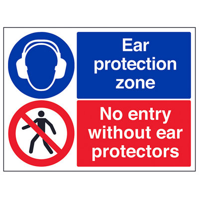 Ear Protection Zone No Entry Without Protector Sign - Rigid Plastic - 600x450mm (x3)