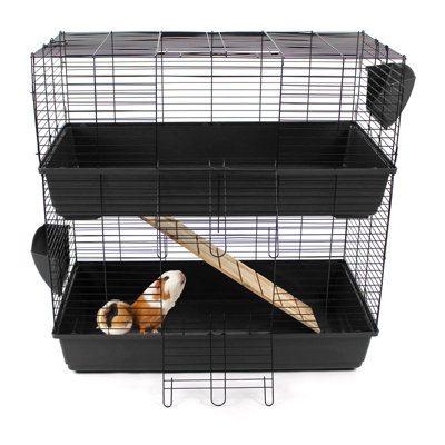 Easipet Indoor Rabbit Hutch 2 Tier Cage Bunny Guinea Pig Small Pet House Two Levels in Black