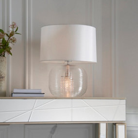 Eastcombe Clear Ribbed Glass with Bubbles a Vintage White Faux Silk Shade Modern Classic Style 2 Light Table Light