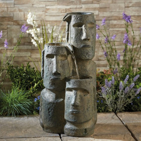 Easter Island Head Cascade Water Feature with LED lights, Self-Contained, Weatherproof Ornament for Garden, Patio & Decking