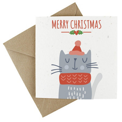 Easy Eco Wildflower Christmas Cat Cards - Eco-friendly and Plantable - Pack of 10