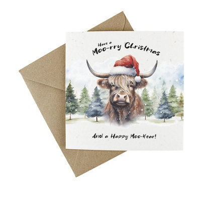 Easy Eco Wildflower Highland Cow Christmas Cards - Eco-friendly - Pack of 10