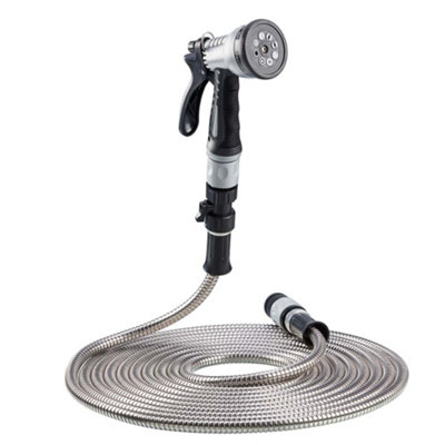 Easy Hose Stainless Steel Garden Water Hosepipe Rust Proof & Tangle Free with Hand Held Spray Nozzle (50ft)