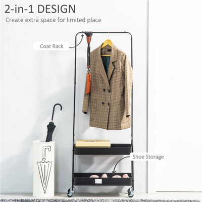 Easy-to-assemble coat rack with wheels, hanging rod + double basket, black