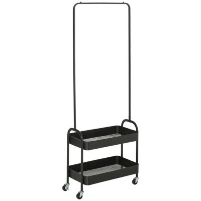 Easy-to-assemble coat rack with wheels, hanging rod + double basket, black