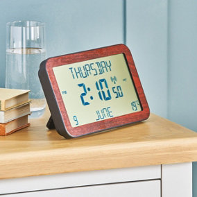 Easy To Read Calendar Clock - Freestanding or Hanging Multi-Language Clock - Displays Time, Day, Date, Month & Temperature - Brown