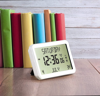 Easy To Read Calendar Clock - Freestanding or Hanging Multi-Language Clock - Displays Time, Day, Date, Month & Temperature - White