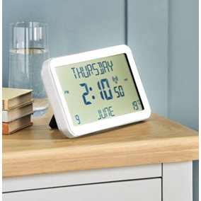 Easy To Read Calendar Clock - Freestanding or Wall Hanging Multi-Language Clock - Displays Time, Day, Date, Month & Temperature