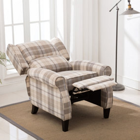 Eaton Wing Back Fireside Check Fabric Recliner Armchair Sofa Chair Reclining Cinema (Beige)