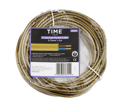 Time cables gold 2 core flat flexible cable 0.75mm² x 5m in circular packaging. Table below includes label details.
