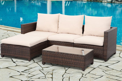 ECASA 3 Seater Rattan Garden Corner Sofa Furniture Set With Beige Cushions Brown & FREE RAIN COVER