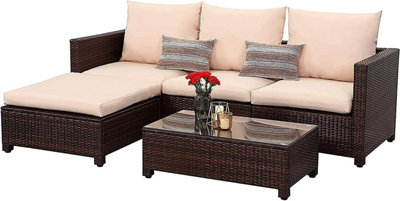 ECASA 3 Seater Rattan Garden Corner Sofa Furniture Set With Beige Cushions Brown & FREE RAIN COVER