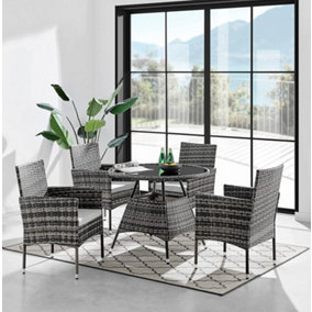 ECASA Athens Grey 4 Seater Rattan Garden Dining Patio Set With Round Table & Light Grey Cushions + FREE RAIN COVER