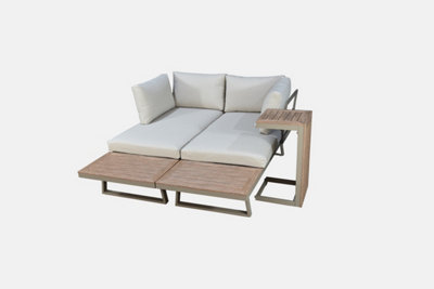 ECASA Beige 4 Seater Aluminium Metal Sofa Set/ Loungers With Brown Pollywood Coffee Table Multi Use Modular With Beige Cushions