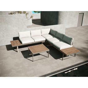 ECASA Beige 5 Seater Aluminium Metal Sofa Set/ Loungers With Brown Pollywood Coffee Table Multi Use Modular With Beige Cushions