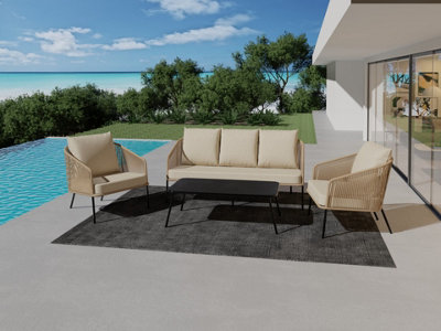 Ecasa Beige Weave Rope Style Garden Lounge Sofa Set 5 Seater With Coffee Table & Cream Cushions