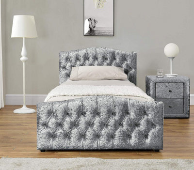 ECASA Chesterfield Fabric Single Ottoman Storage Velvet Bed Frame Silver