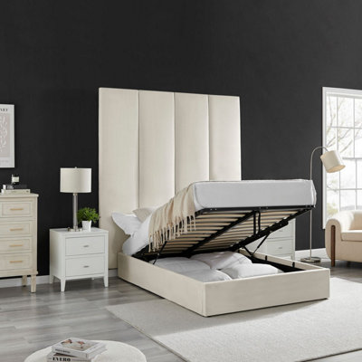 ECASA Cream Velvet Headboard Wall Panel Bed Double 4FT 6 With Ottoman Storage Gas Lift