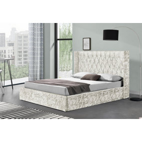 ECASA Drogo Oyster Crushed Velvet Fabric Wingback Ottoman Storage Bed With Diamante Buttons Cream King Size