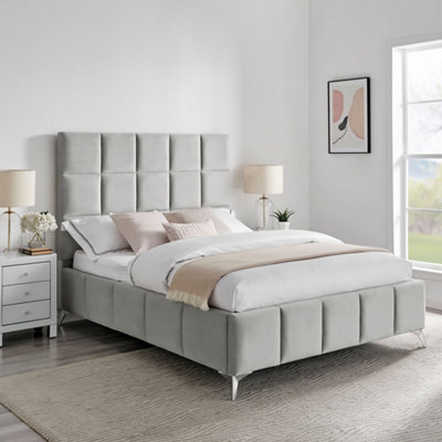 ECASA Imogen Velvet Bed Frame Ottoman Storage Gas Lift Square Panel Design Light Grey  ( Double Size 4FT 6 )