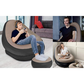 ECASA Inflatable Deluxe Lounge Flocked Lounger Chair With Foot Stool Seat Brown