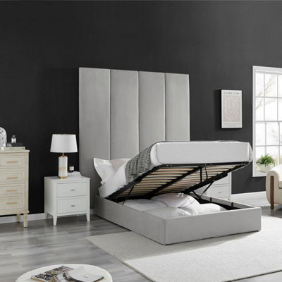 ECASA Light Grey Velvet Headboard Wall Panel Bed King Size 5FT With Ottoman Storage Gas Lift