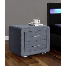ECASA Linen Fabric Bedside Table With 2 Drawers & Brushed Steel Dark Grey