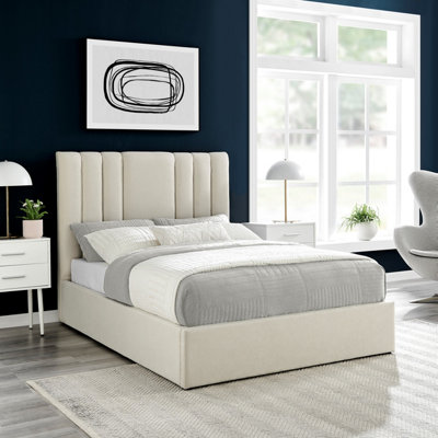 ECASA Luna Beige Double 4FT 6 Line Design Padded Headboard & Ottoman Storage Gas Lift Bed Frame