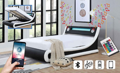 Ecasa Madrid Leather Bed Frame With Bluetooth Speaker & LED Light + Remote Black & White  ( Single Size )