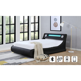ECASA Madrid Leather Bed With Bluetooth Speaker & LED Light + Remote Under Bed Storage Compartment Black (Double Size )