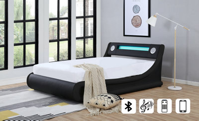 ECASA Madrid Leather Bed With Bluetooth Speaker & LED Light + Remote Under Bed Storage Compartment Black (King Size)