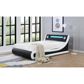 ECASA Madrid Leather Bed With Bluetooth Speaker & LED Light + Remote Under Bed Storage Compartment Black & White (Double Size )