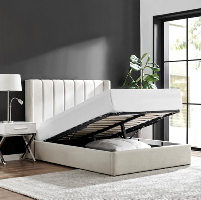 ECASA Mika Beige Double 4FT 6 Line Design Fabric Wingback Ottoman Storage Gas Lift Bed Frame