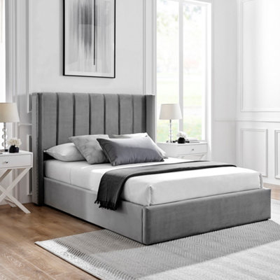 ECASA Mika Grey Velvet Double 4FT 6 Line Design Fabric Wingback Ottoman Storage Gas Lift Bed