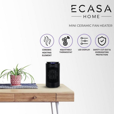 ECASA Mini Ceramic Desk Fan Auto-Switch Off Electric 1200W Heater With Tip-Over & Overheat Safety Feature Plug In Cool Air Setting