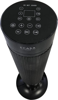 ECASA Oscillating Tower Fan Heater  2000W  LED Flame Effect & Digital Control Remote Built-in Thermostat Plug Black