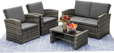 ECASA Outdoor 4 Seater 2+1+1 Mixed Grey Rattan Garden Sofa Set With Charcoal Dark Grey Cushions & Coffee Table, FREE RAIN COVER