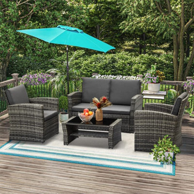 ECASA Outdoor 4 Seater 2+1+1 Mixed Grey Rattan Garden Sofa Set With Charcoal Dark Grey Cushions & Coffee Table, FREE RAIN COVER