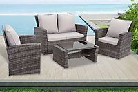 ECASA Outdoor 4 Seater 2+1+1 Mixed Grey Rattan Garden Sofa Set With Light Grey Cushions & Coffee Table, FREE RAIN COVER