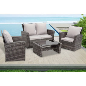 ECASA Outdoor 4 Seater 2+1+1 Mixed Grey Rattan Garden Sofa Set With Light Grey Cushions & Coffee Table, FREE RAIN COVER