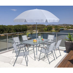 ECASA Outdoor Metal Patio Dining Set With Parasol + Six Folding Chairs 8 Piece Set Light Grey