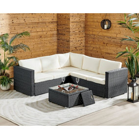 ECASA Outdoor Rattan Garden Furniture Corner  5 Seater Sofa Set With Cushions & Ice Bucket Table Black
