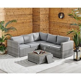 ECASA Outdoor Rattan Garden Furniture Corner  5 Seater Sofa Set With Cushions & Ice Bucket Table Grey