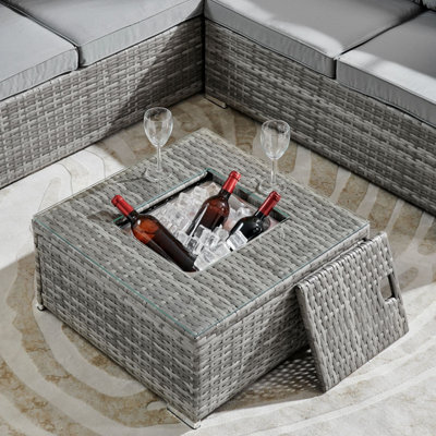 ECASA Outdoor Rattan Garden Furniture Corner  5 Seater Sofa Set With Cushions & Ice Bucket Table Grey