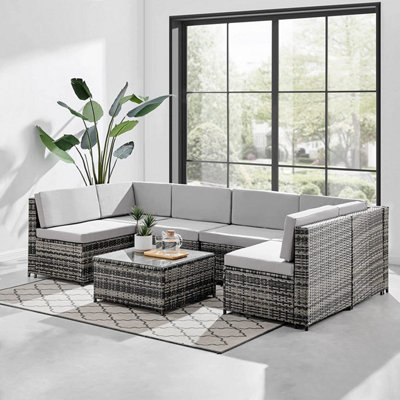 ECASA Rattan Garden Corner Sofa Set 6 Seater Modular Seat with Grey Cushions & Coffee Table + FREE RAIN COVER