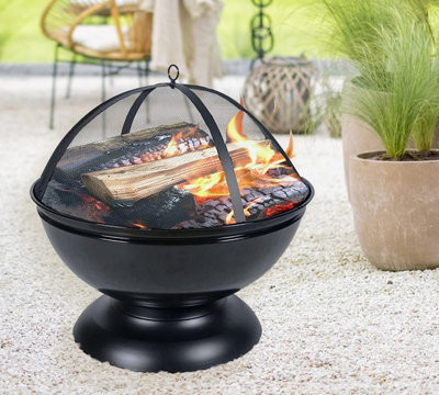 ECASA Round Black Diameter 57cm Fire Pit And BBQ Grill Bowl For Outdoor With Safe Mesh Spark Cover, Garden,  Free Rain Cover