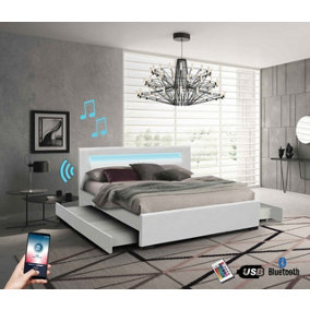 ECASA Tokyo RGB LED Bluetooth Speaker King Bed Faux Leather 4 Drawer Storage Remote Control White